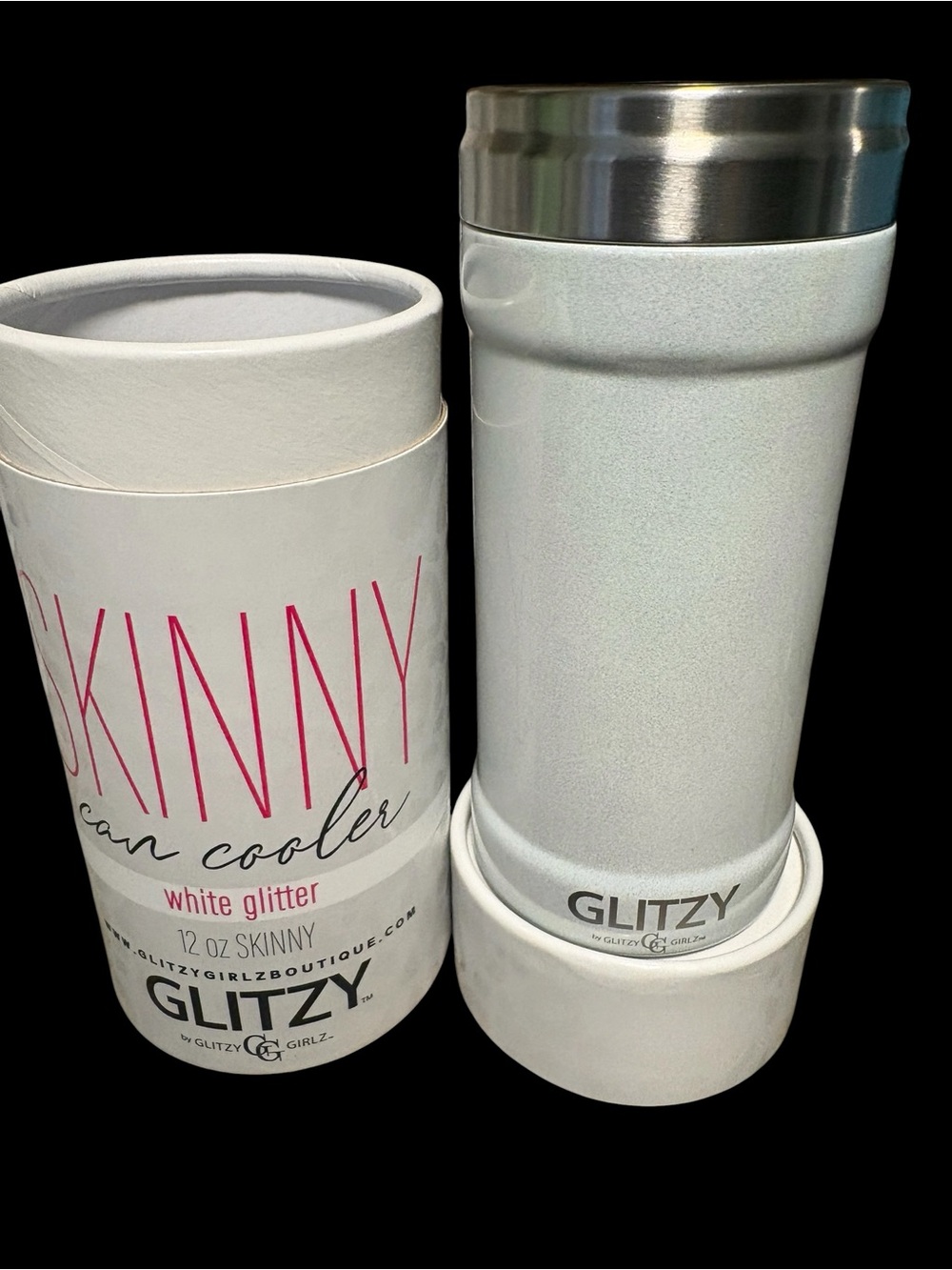 Glitz White Glitter Skinny Can Cooler with Stainless Rim